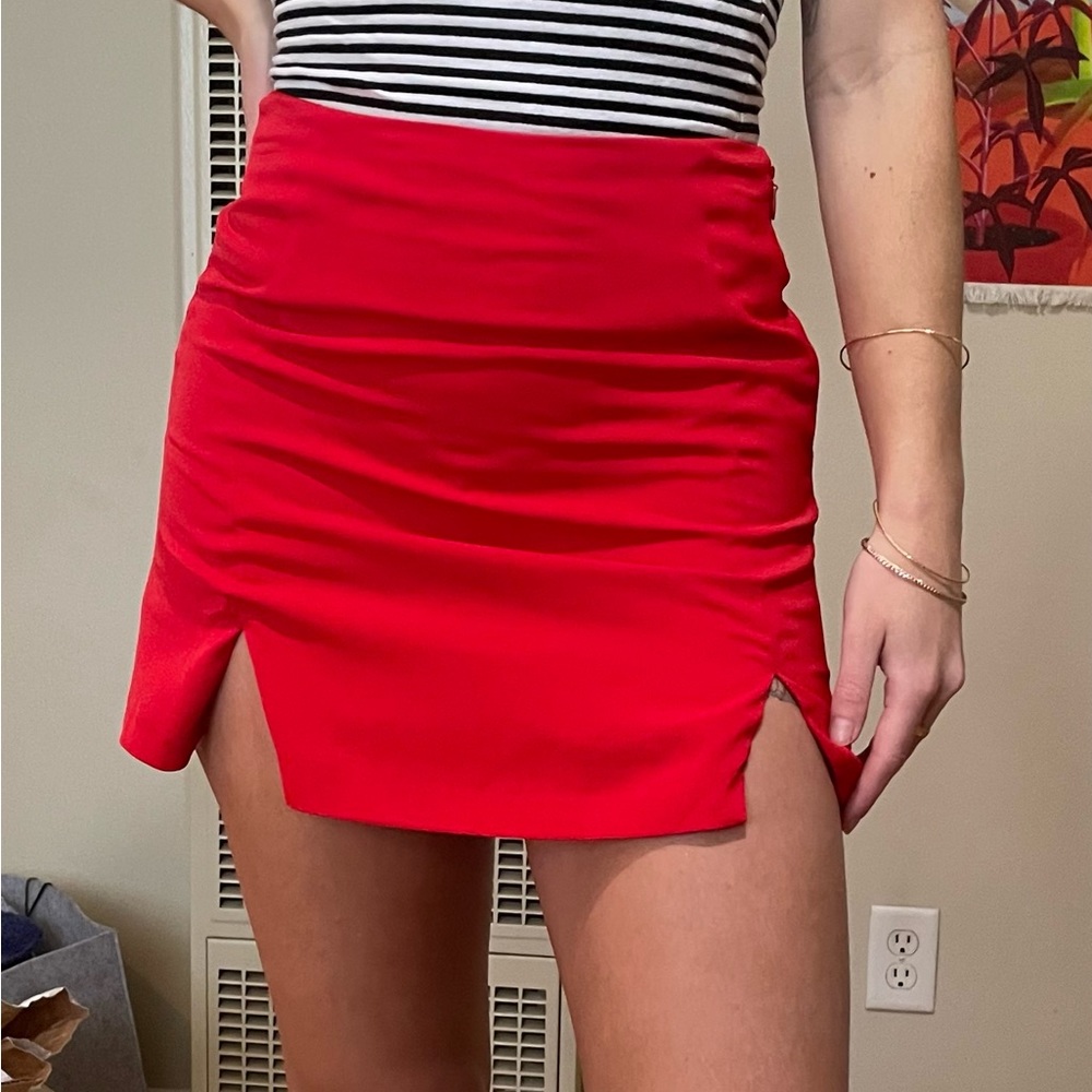 Red satin mini skirt